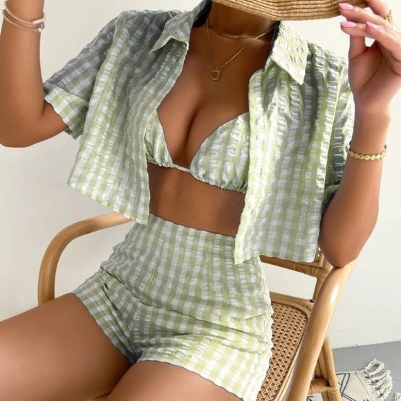 MODA ME COUTURE Tops - GREEN 3 PIECE GINGHAM SUMMER SET STREETWEAR BEACHY VACAY